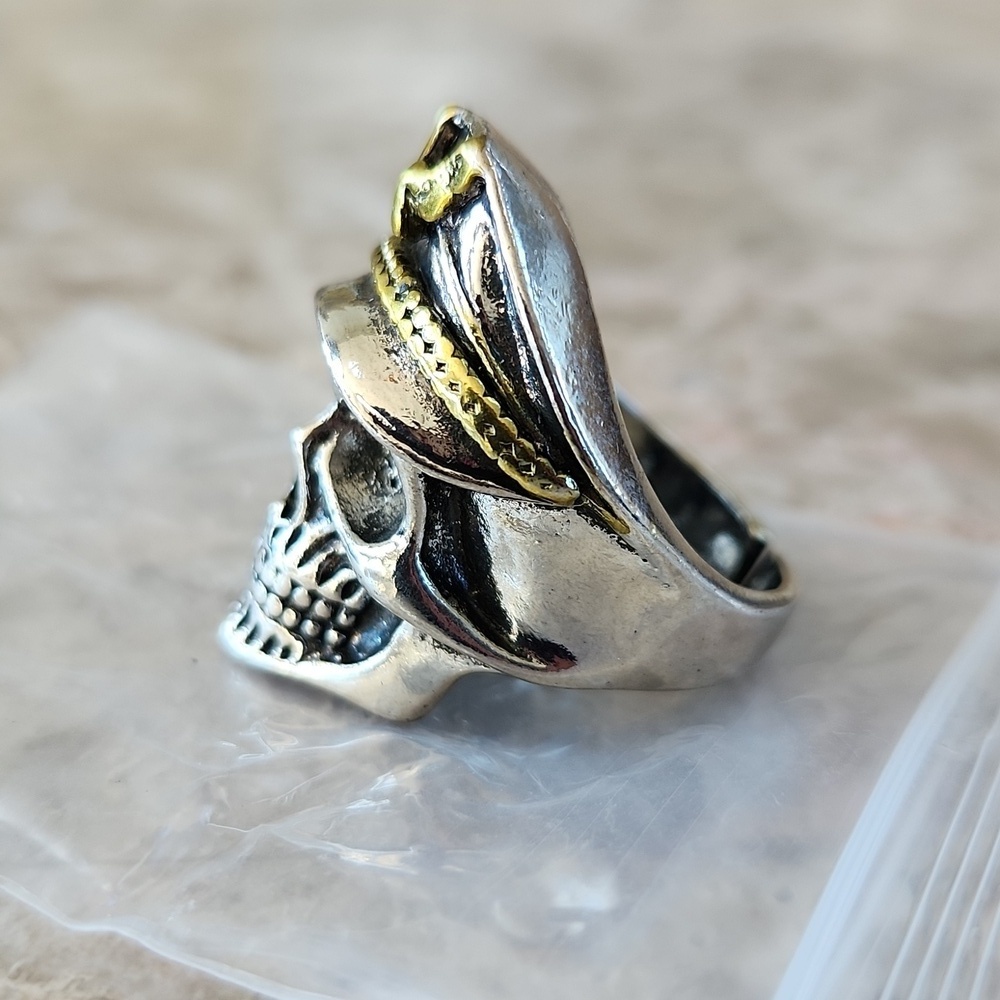 Silver Skull Ring with Gold Accents, Adjustable, New - Picture 3 of 3